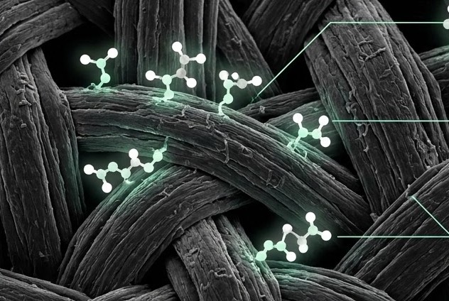 Illustration over a scanning electron micrograph: commodity carbon cloth fibres carrying surface-bound molecules
